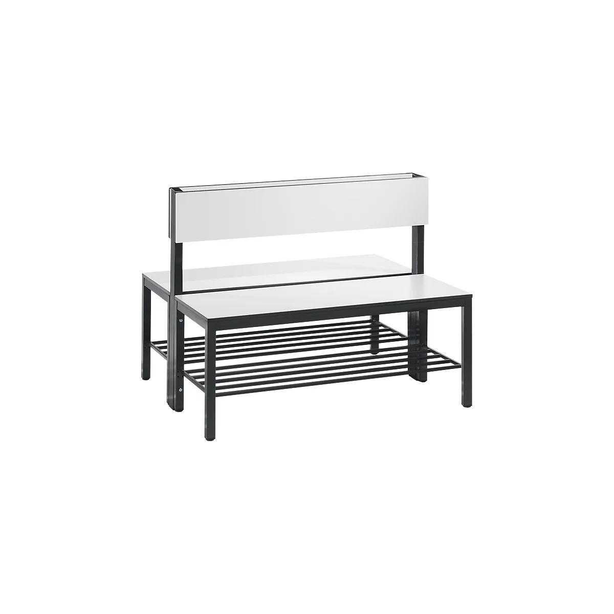 Basic Plus bank, 2-zijdig, met rugleuning &amp; schoenenrek, 4-poots frame zwartgrijs RAL 7021, B 1000 mm, decor zilvergrijs