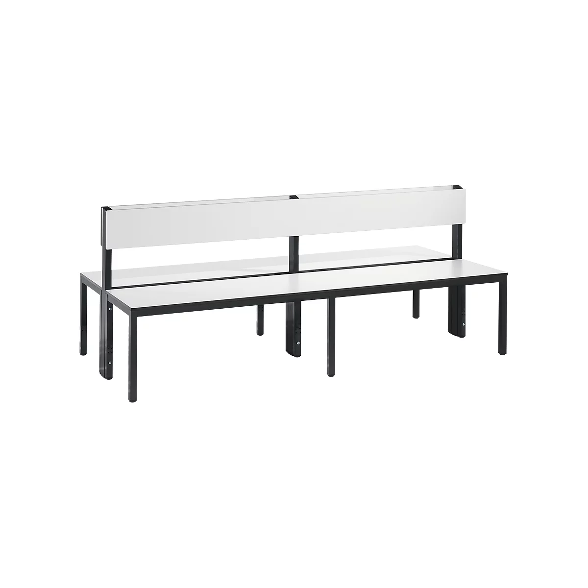 Basic Plus bank, 2-zijdig, rugleuning, zonder schoenenrek, 4-poots frame zwart grijs RAL 7021, B 1960 mm, decor wit