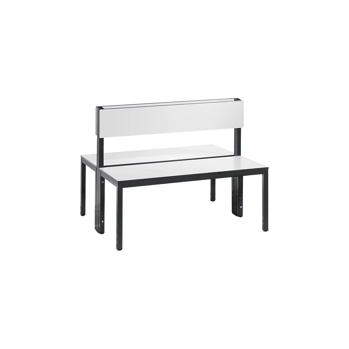 Basic Plus bank, 2-zijdig, rugleuning, zonder schoenenrek, 4-poots frame zwartgrijs RAL 7021, B 1000 mm, decor wit