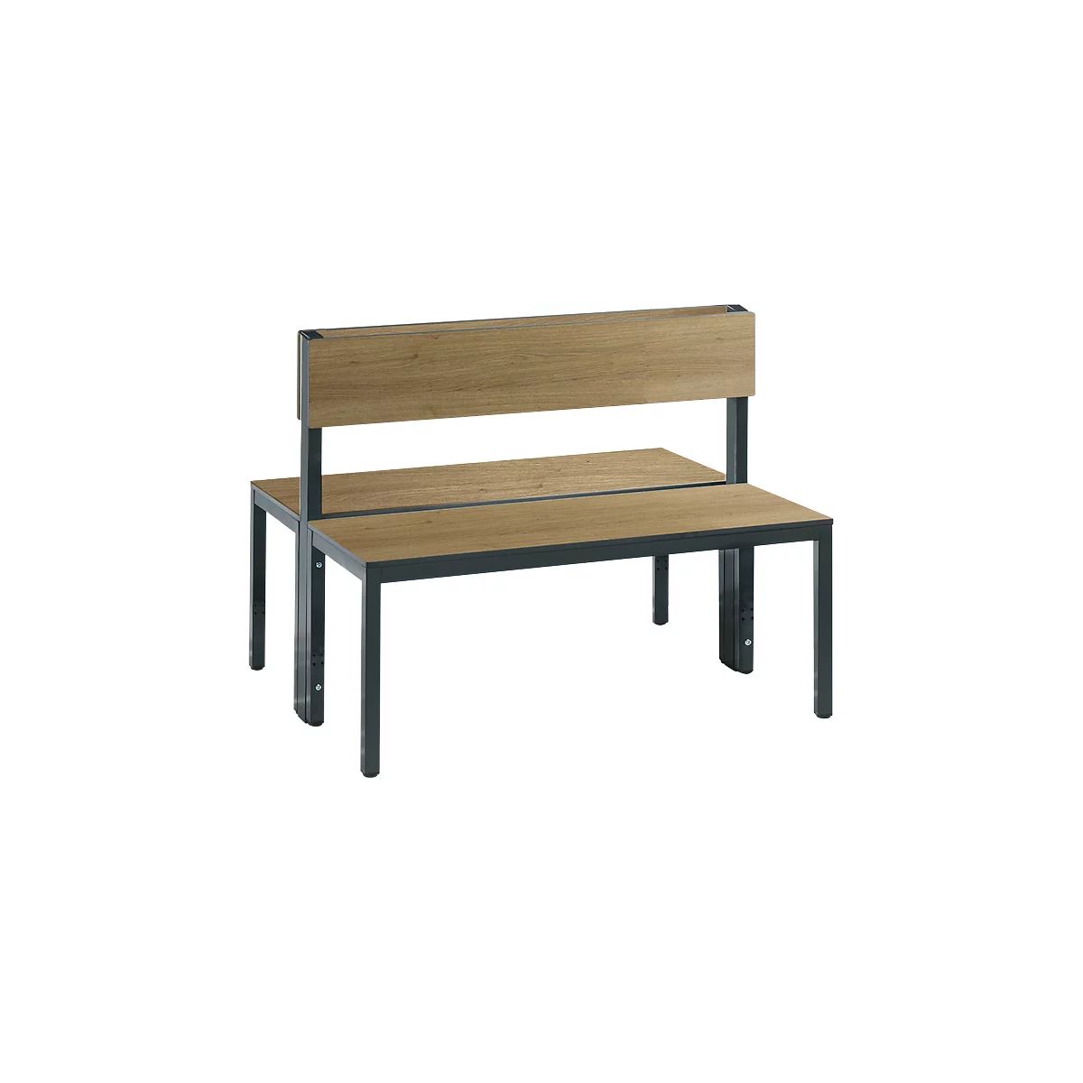 Basic Plus bank, 2-zijdig, rugleuning, zonder schoenenrek, 4-poots frame zwartgrijs RAL 7021, B 1000 mm, eiken Ser.