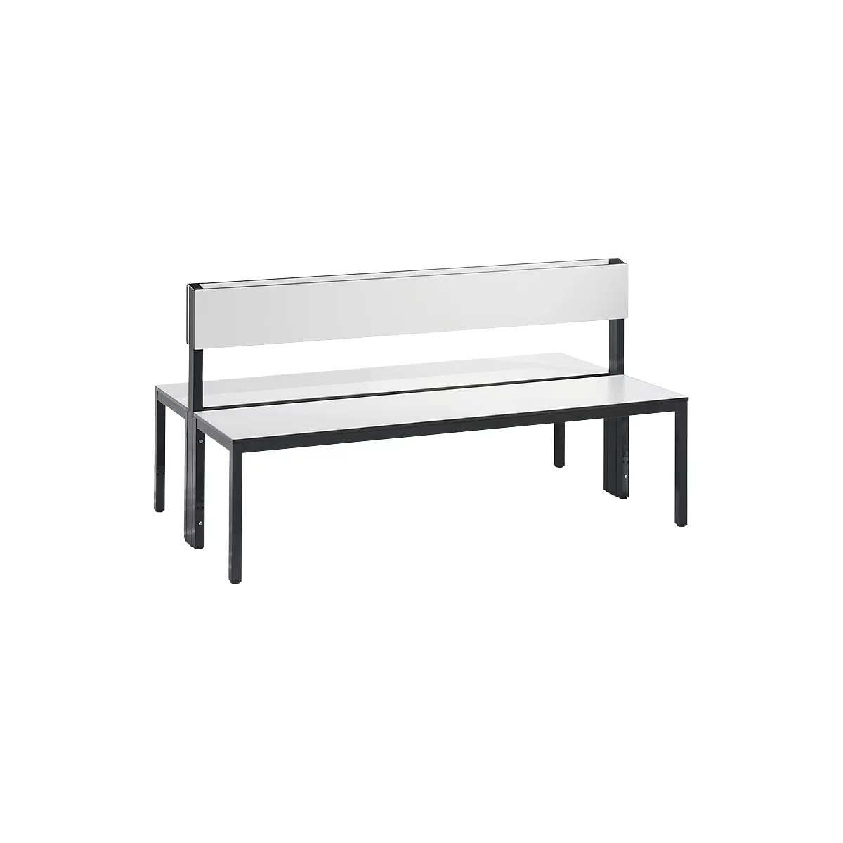 Basic Plus bank, 2-zijdig, rugleuning, zonder schoenenrek, 4-poots frame zwartgrijs RAL 7021, B 1500 mm, decor wit