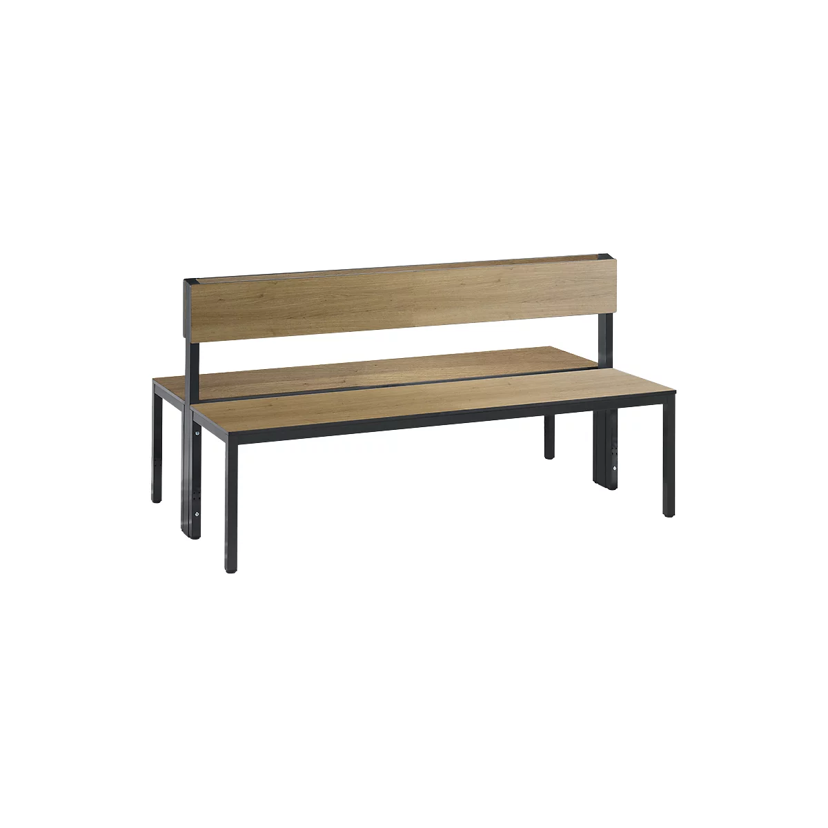 Basic Plus bank, 2-zijdig, rugleuning, zonder schoenenrek, 4-poots frame zwartgrijs RAL 7021, B 1500 mm, decor zilvergrijs