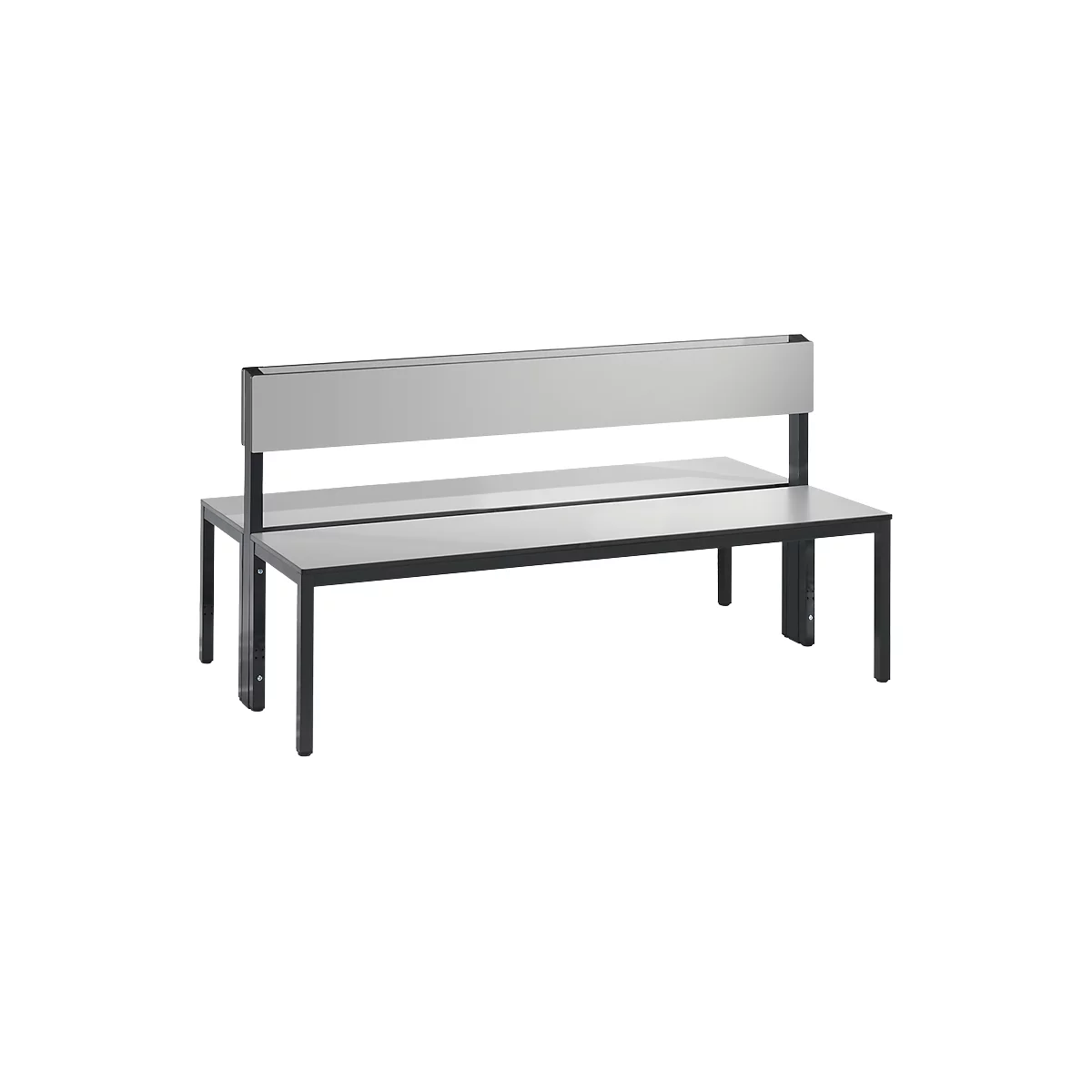 Basic Plus bank, 2-zijdig, rugleuning, zonder schoenenrek, 4-poots frame zwartgrijs RAL 7021, B 1500 mm, eiken Ser.