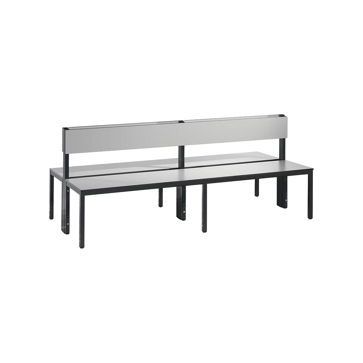 Basic Plus bank, 2-zijdig, rugleuning, zonder schoenenrek, 4-poots frame zwartgrijs RAL 7021, B 1960 mm, decor zilvergrijs