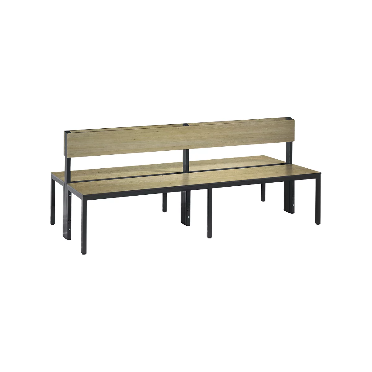 Basic Plus bank, 2-zijdig, rugleuning, zonder schoenenrek, 4-poots frame zwartgrijs RAL 7021, B 1960 mm, eiken Ser.