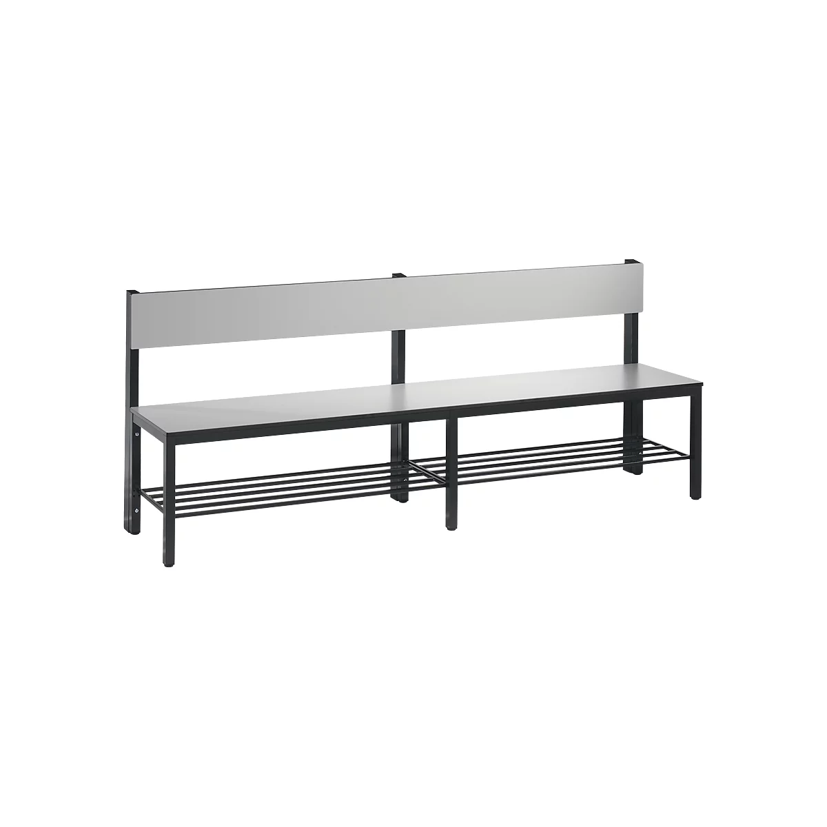 Grey bench with black frame and backrest. Below the seat are bars for shoe storage.