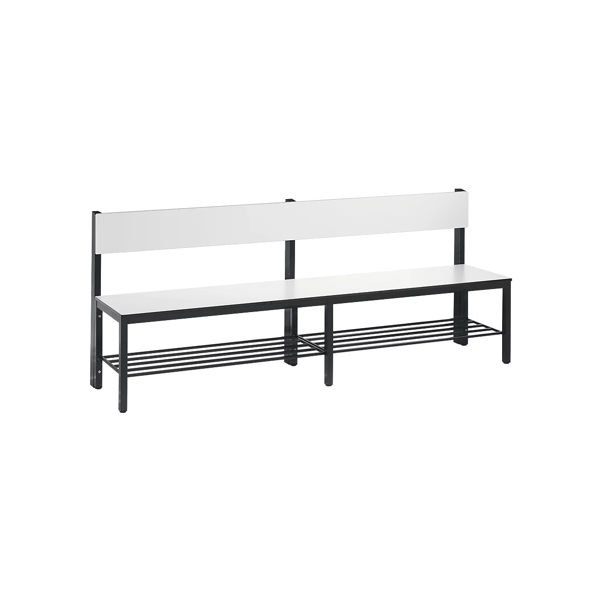 White bench with backrest and black frame. Horizontal bars are under the seat.