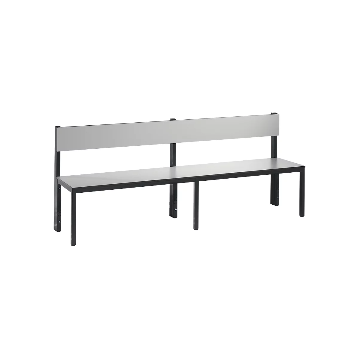 Gray bench with backrest, black frame. Clean lines and modern design.
