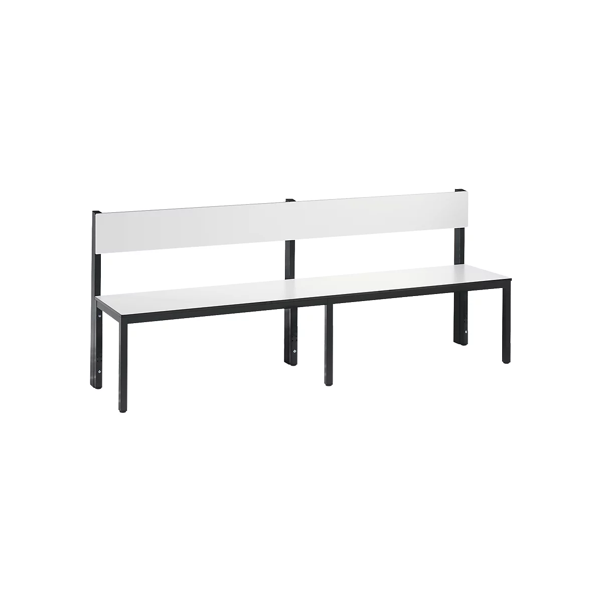 Long white bench with backrest, black frame, freestanding, minimalist design.