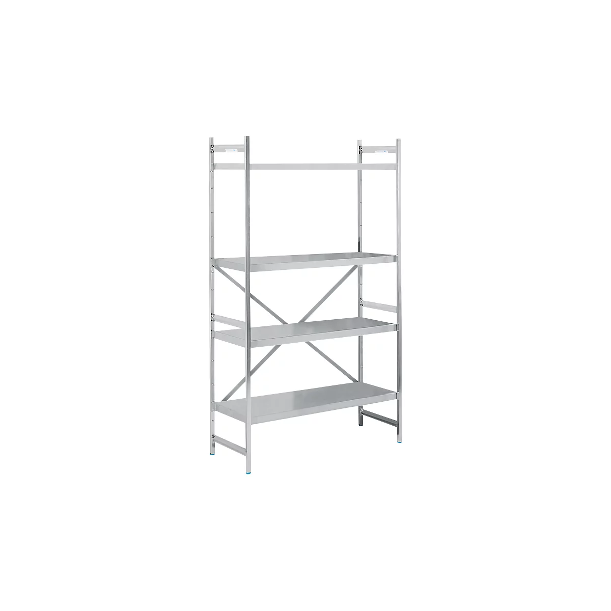 Stainless steel shelving unit with four shelves against a white background.