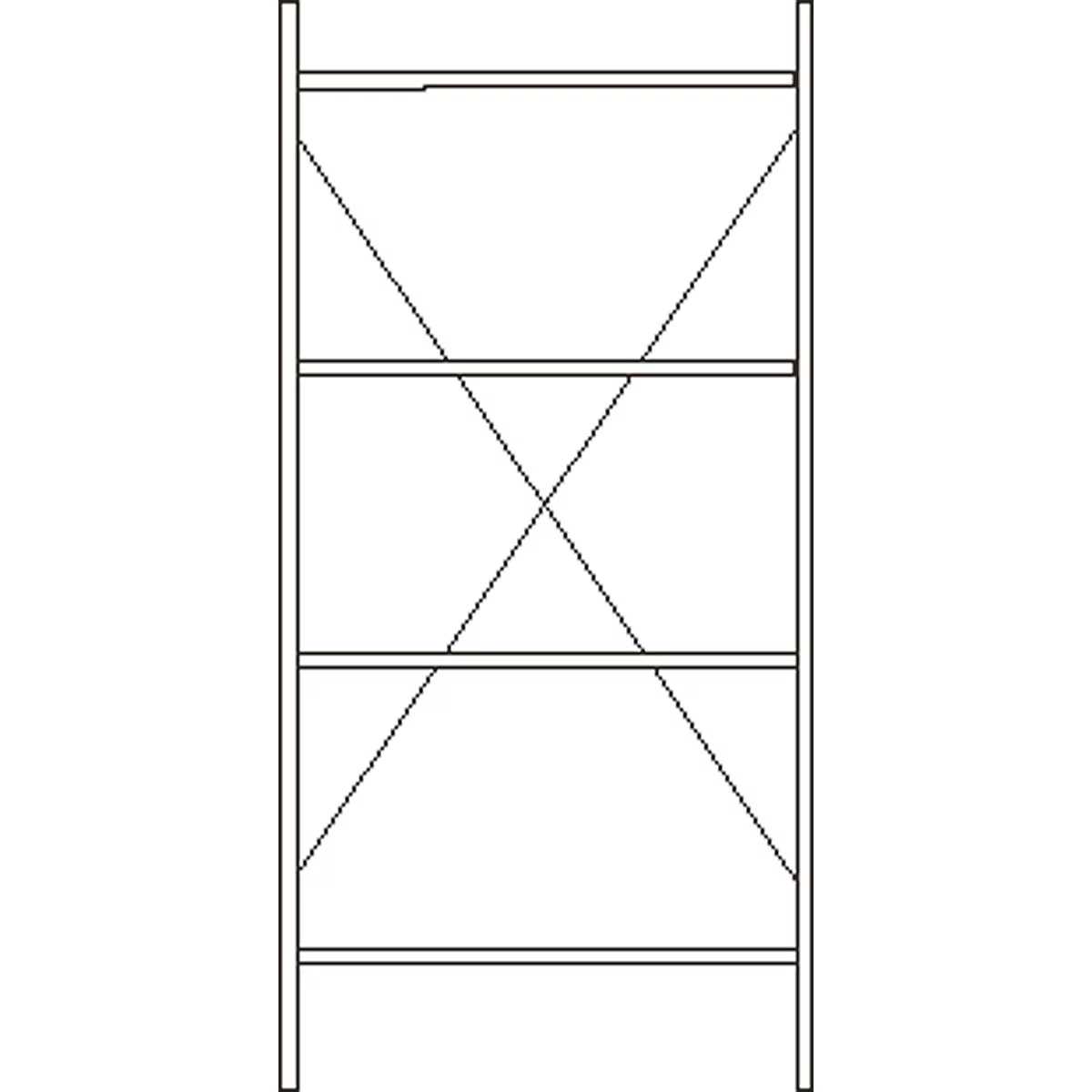 White scaffolding, with diagonal struts, and horizontal floors. The sides are black.