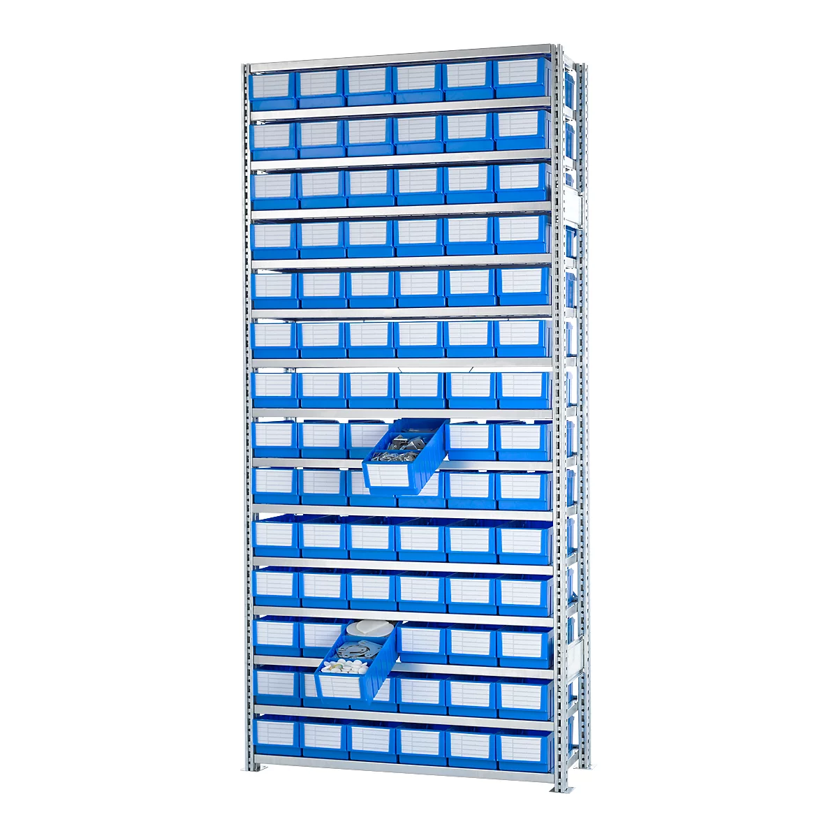 A storage rack with many blue containers, two are pulled out.