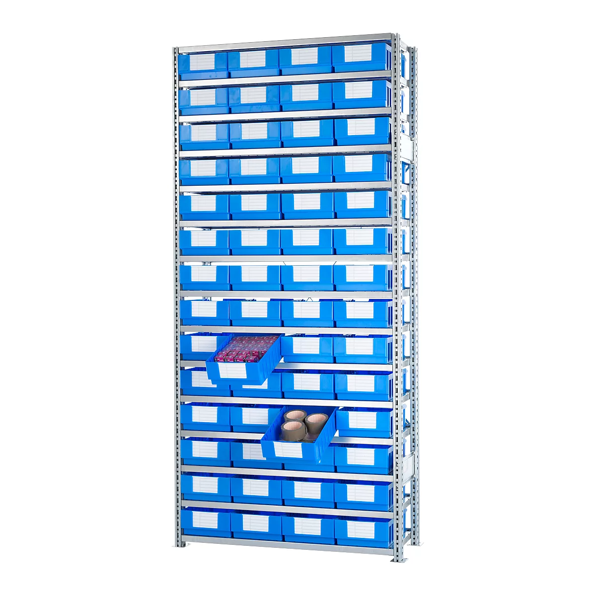 A metal rack with many blue boxes for storing small parts.
