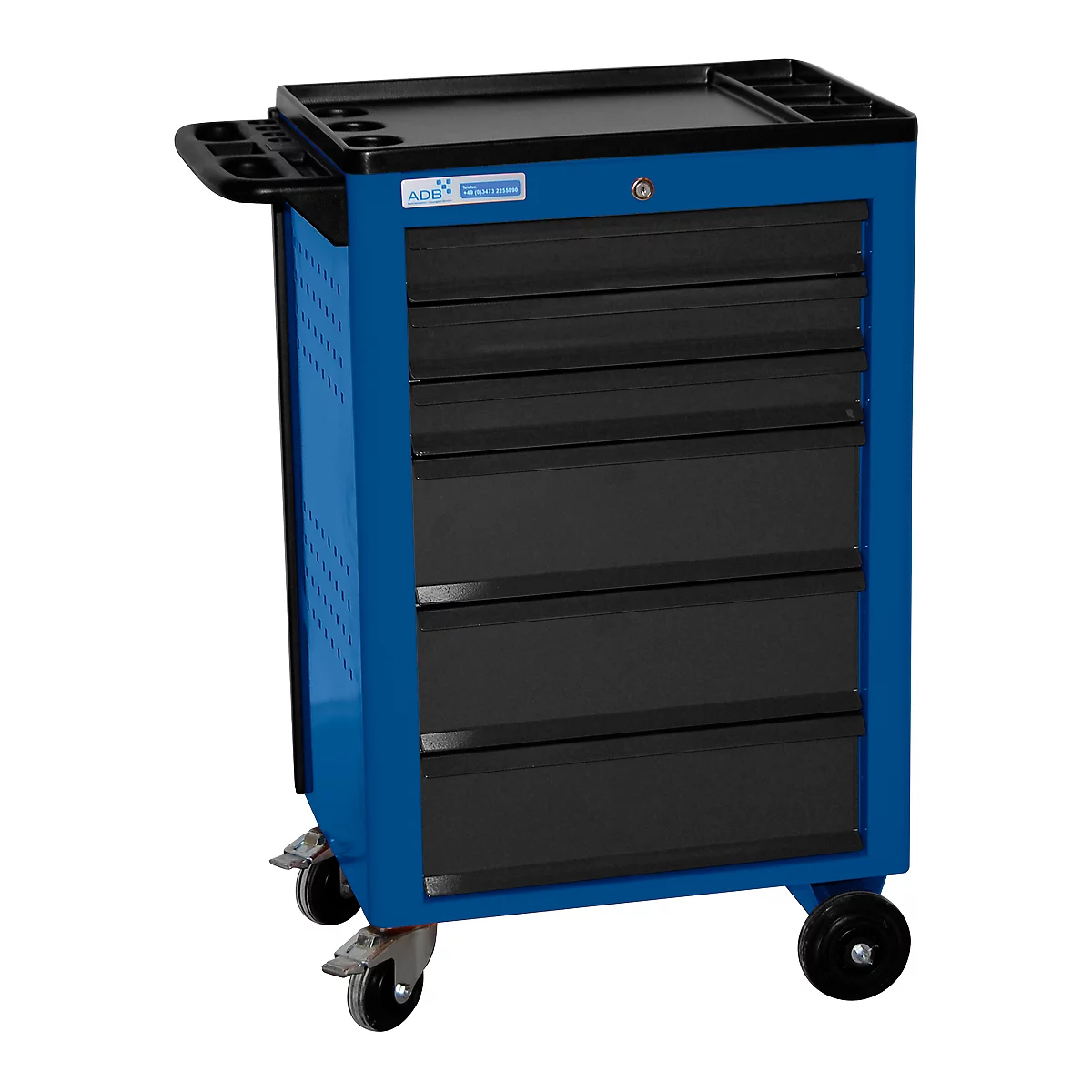 Blue and black tool cart with five drawers. The cart stands on wheels, has a shelf, and a handle.