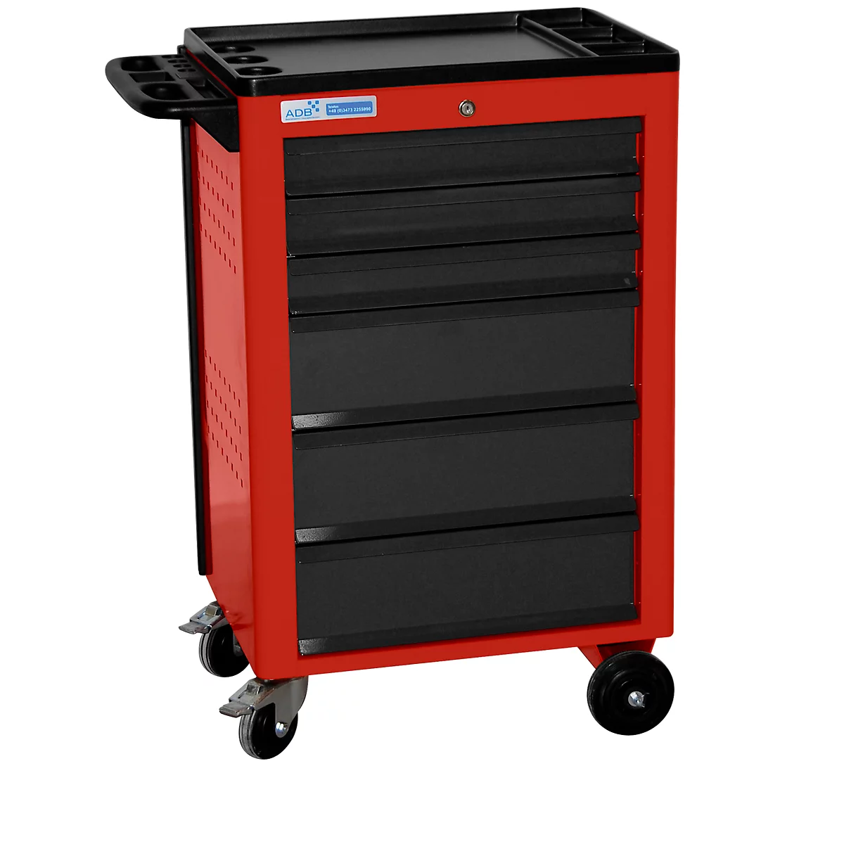 Red tool cart with black drawers and wheels.