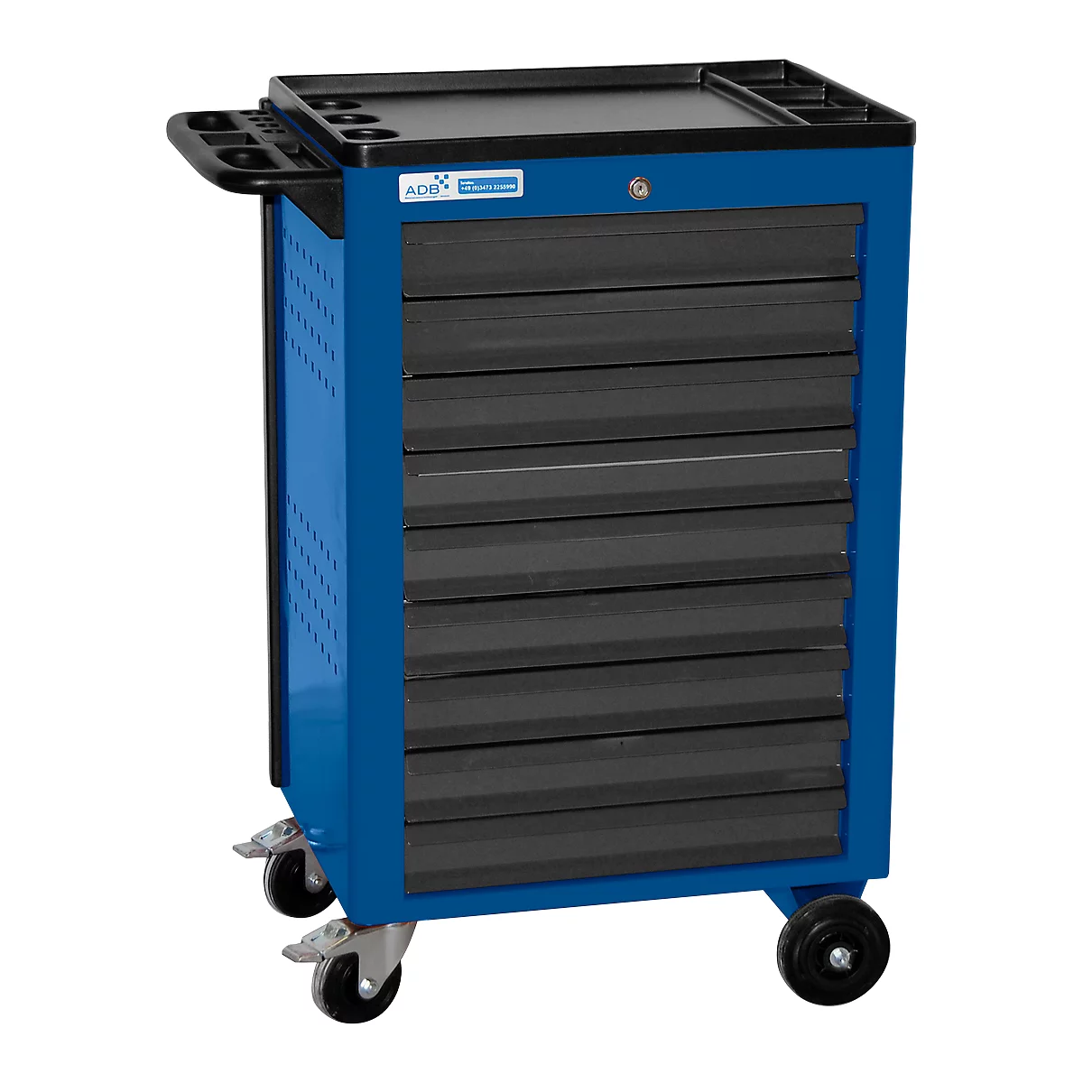 Blue tool cart with black drawers and casters. Top storage area with compartments. Logo on the front.