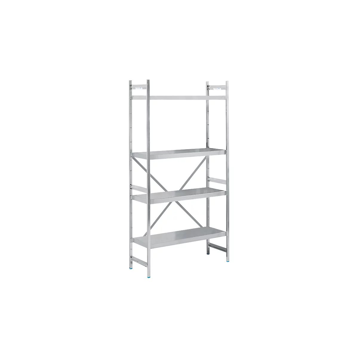 RVS stelling met vier planken. Metalen structuur, blank oppervlak, ideaal voor keuken of opslag.