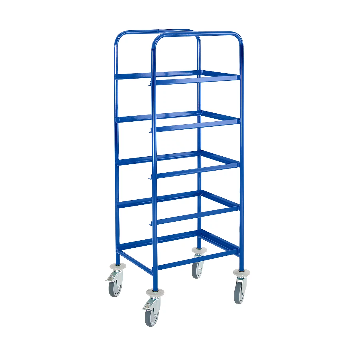 Blue trolley with 5 shelves, metal frame and castors.