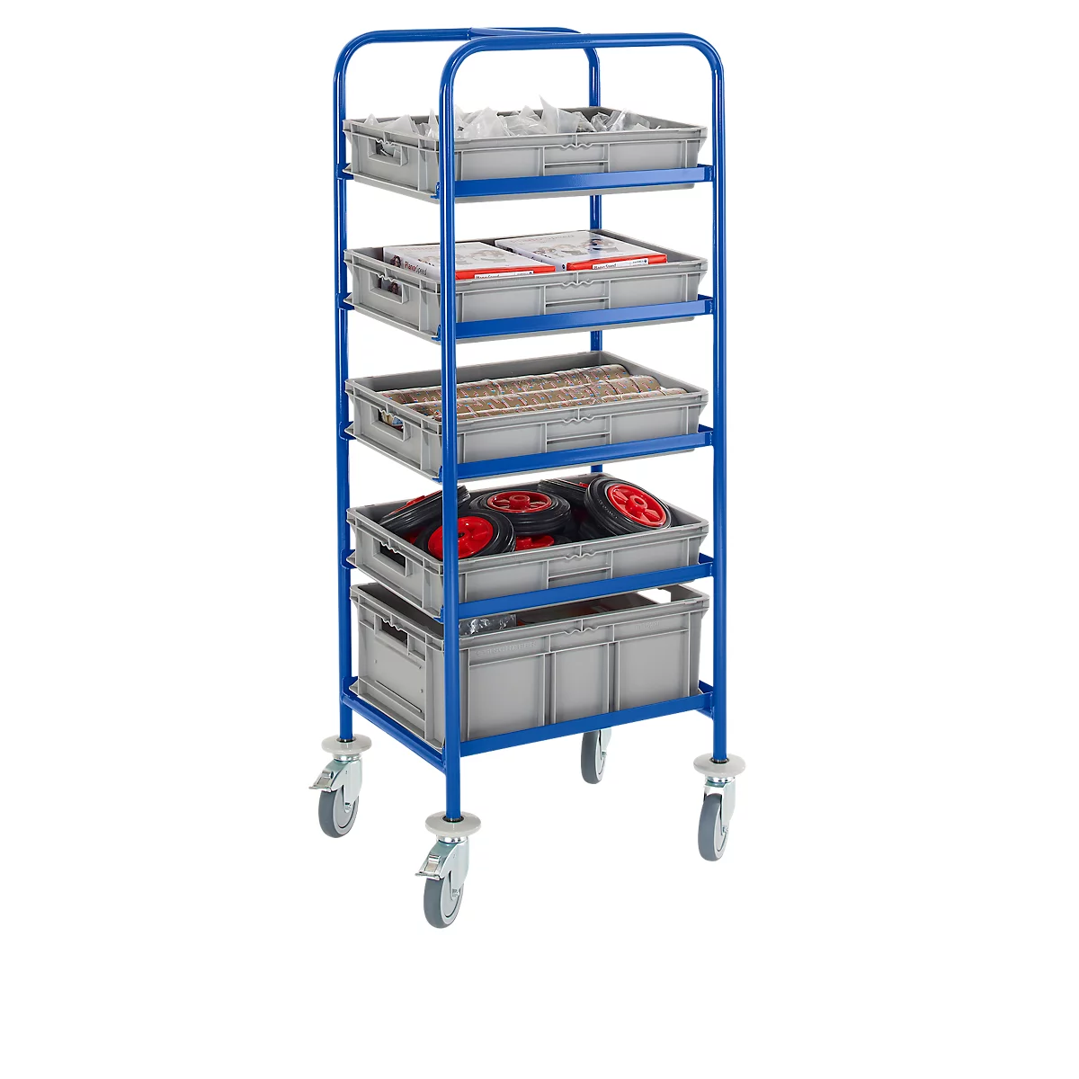 Blue, rolling transport cart with five gray plastic boxes filled with various materials and parts.