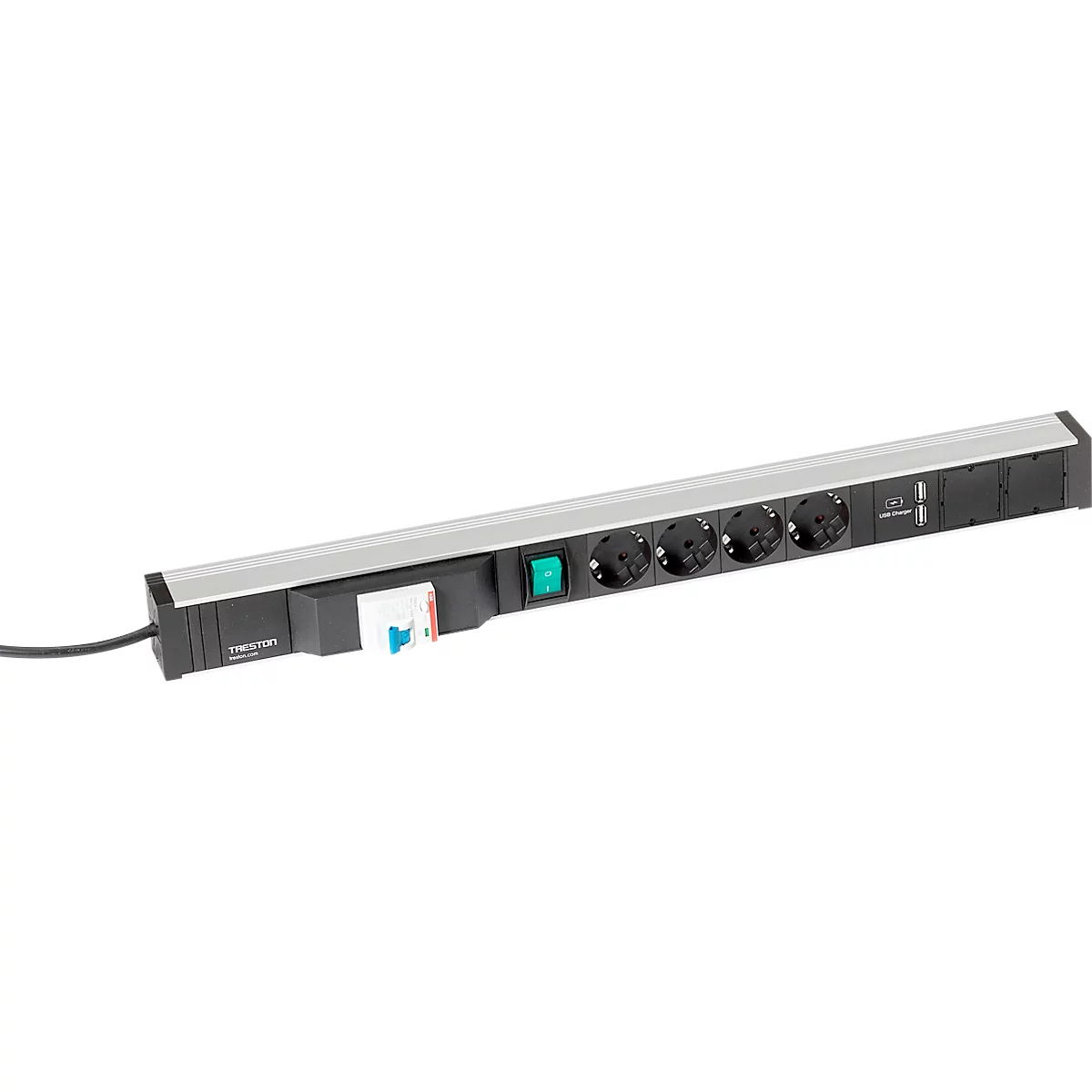 Bâti de prises 683/8, 4x, 2 x USB A, interrupteur marche/arrêt, interrupteur FI, câble de 4,5 m, 16 A/250 V, L 683 x P 44 x H 52 mm, aluminium