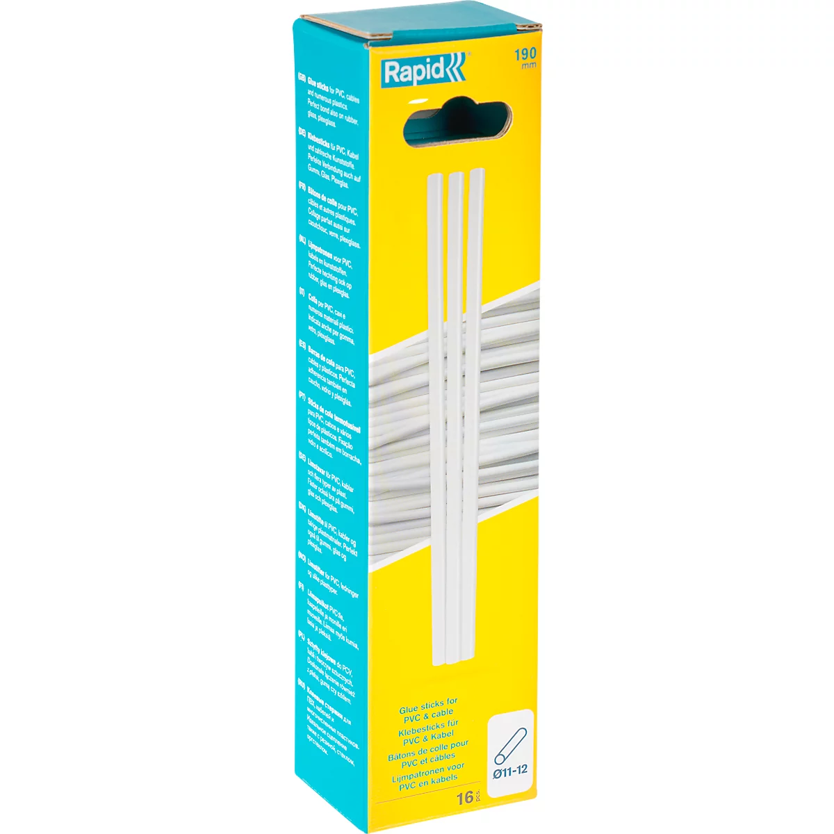 Bâtonnets de colle Rapid PVC &amp; câbles, Ø12 x 190 mm, transparent, sans solvant, 16 pièces