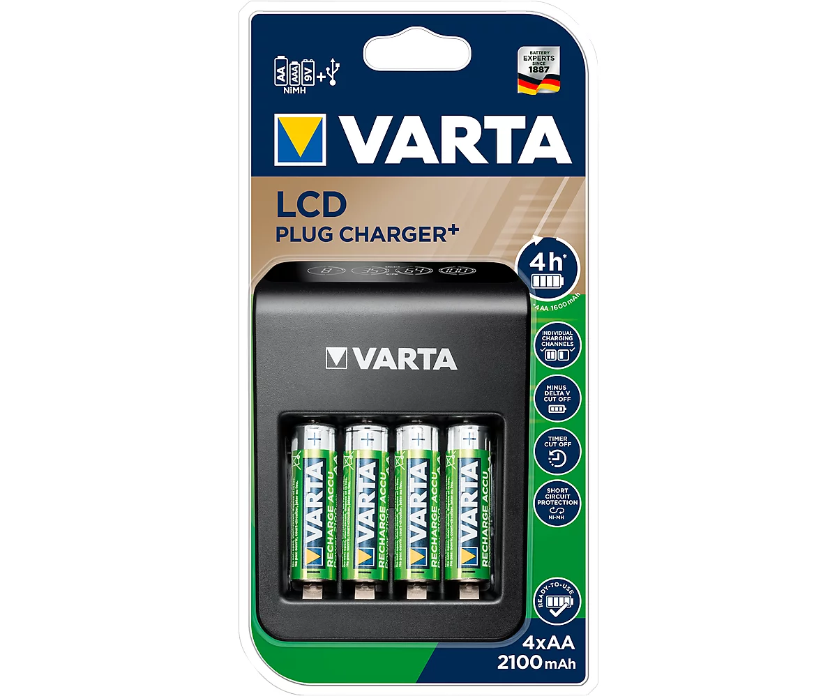 Batterieladegerät Varta LCD Plug Charger, für 4 x Mignon AA/Micro AAA/9 V NiMH-Akkus & 1 x USB, LCD-Anzeige, inkl. 4 Akkus