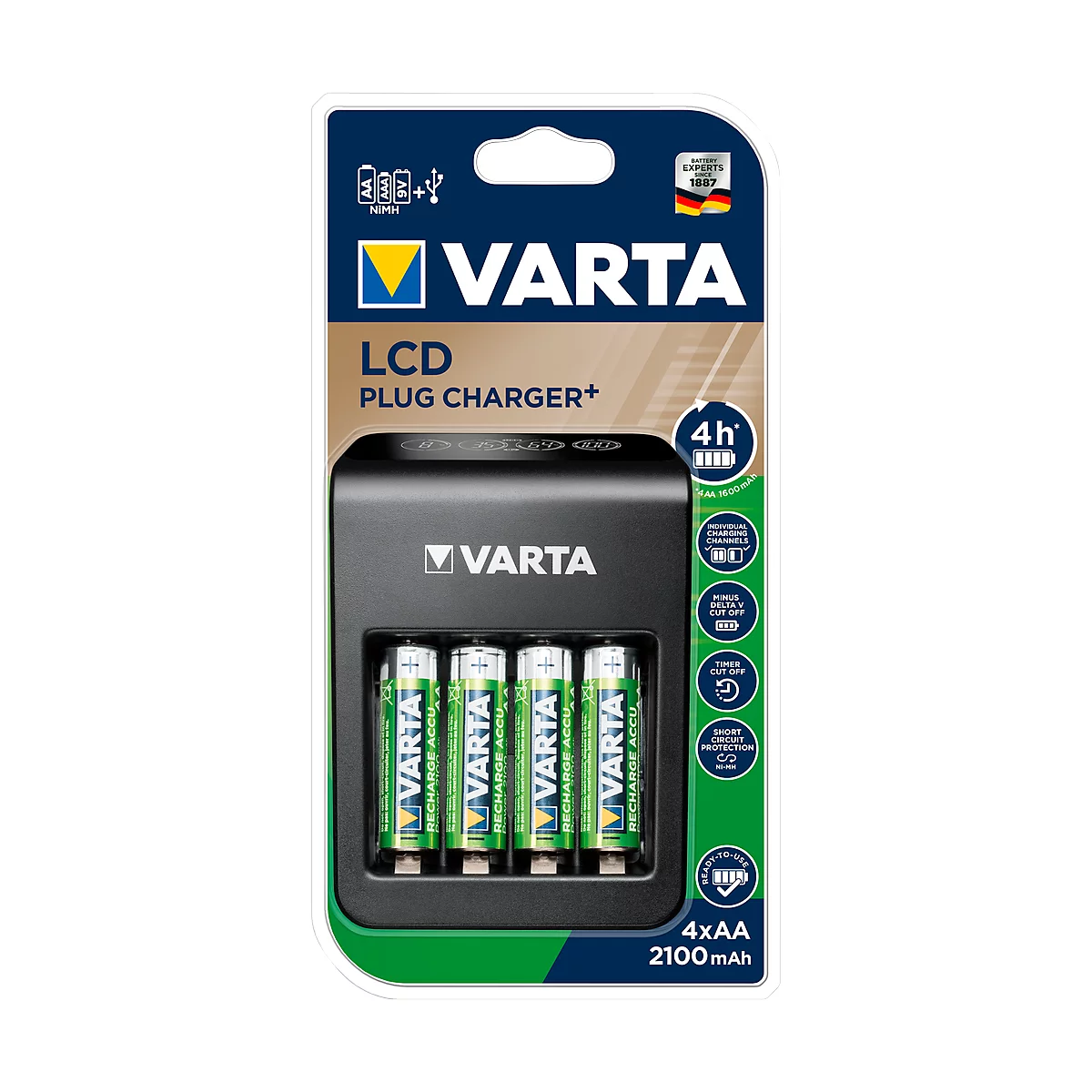 Batterieladegerät Varta LCD Plug Charger, für 4 x Mignon AA/Micro AAA/9 V NiMH-Akkus & 1 x USB, LCD-Anzeige, inkl. 4 Akkus