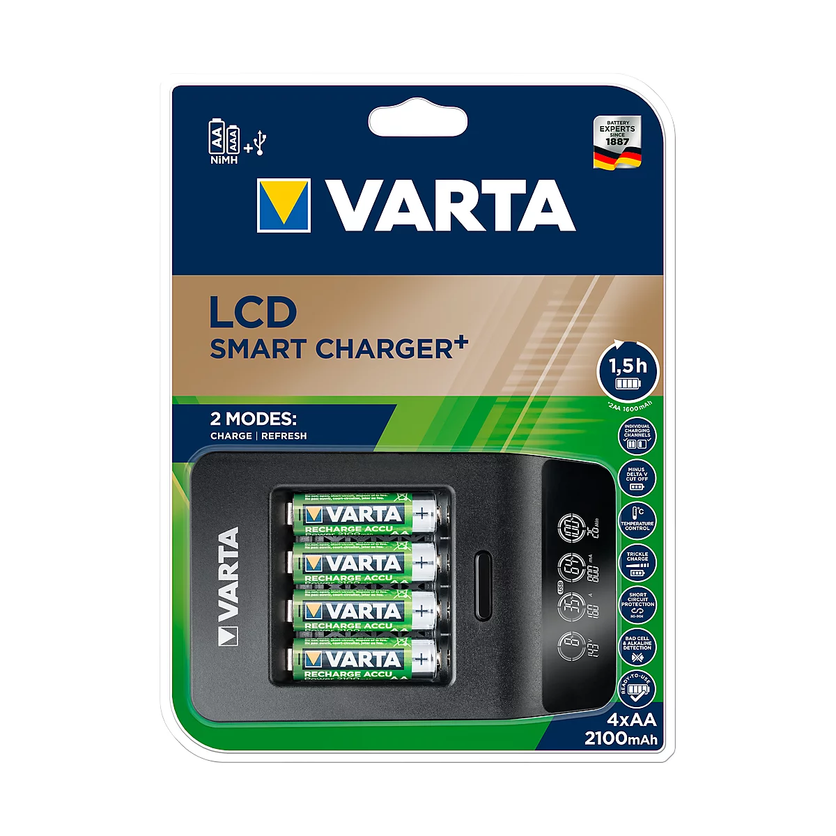 Batterieladegerät Varta LCD Smart Charger, für 4 x Mignon AA/Micro AAA & 1 x USB, 2 Modi, LCD-Anzeige, inkl. 4 Akkus