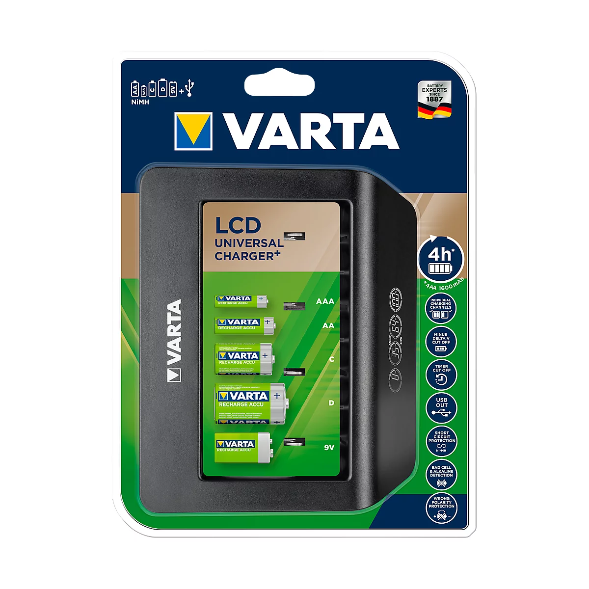 Batterieladegerät Varta LCD Smart Charger, für 4 x Mignon AA/Micro AAA & 1 x USB, 2 Modi, LCD-Anzeige, inkl. 4 Akkus