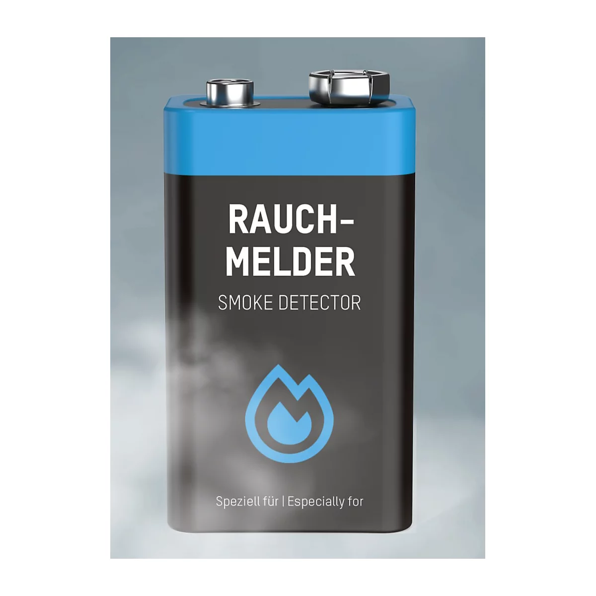 Rectangular battery with a blue top, the text "Rauchmelder Smoke Detector" and a flame symbol. Below is written "Spezziell für / Especially for".