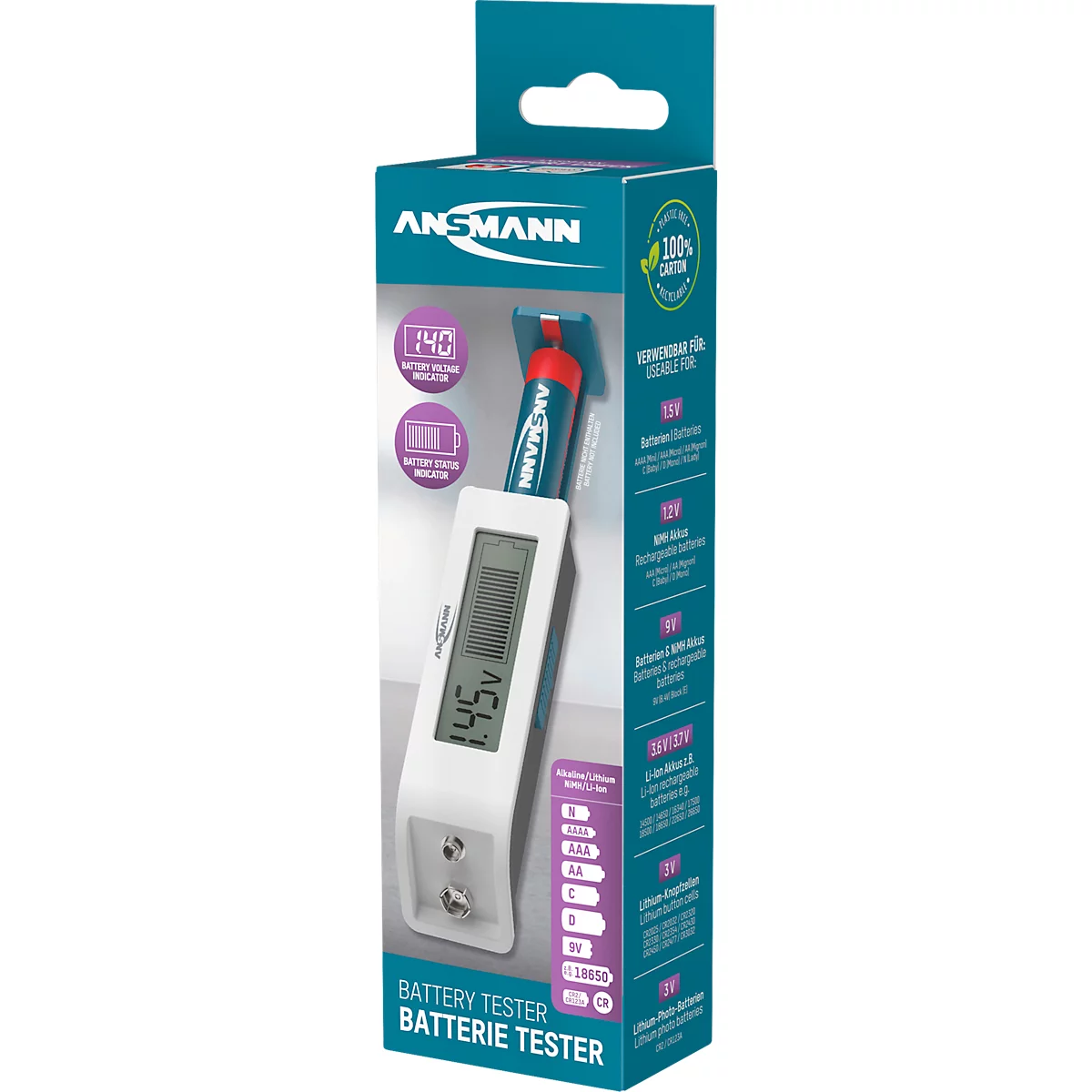 Batterietester Ansmann Comfort Check, mit Display und Balkenanzeige, Kunststoff, schwarz-weiss