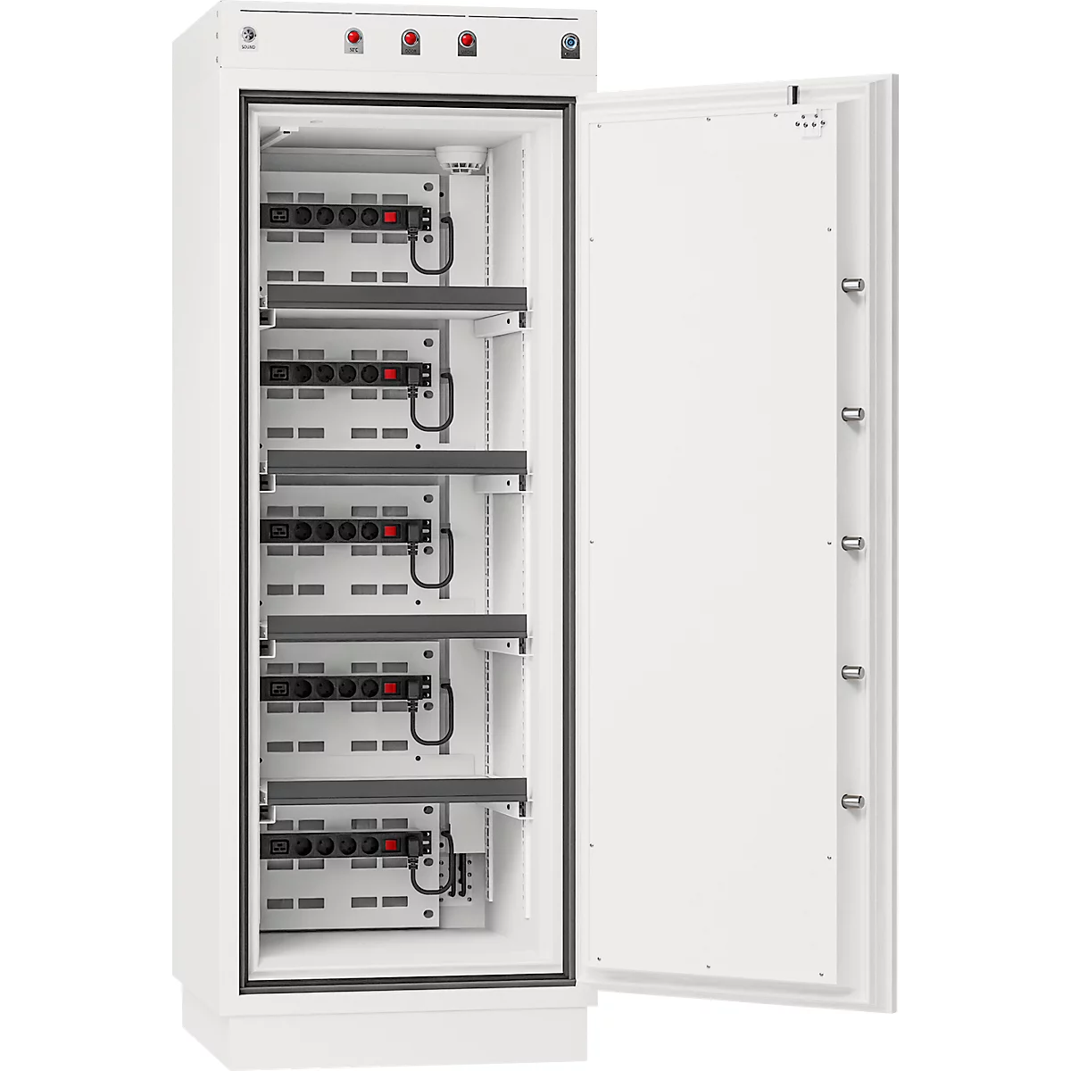 Batterietresor Phoenix COMMANDER BS1945K, Volumen 307 l, EN 14470-1, 4 Fachböden, Zylinderschloss, B 690 x T 711 x H 1909 mm, Stahl, signalweiss RAL 9003