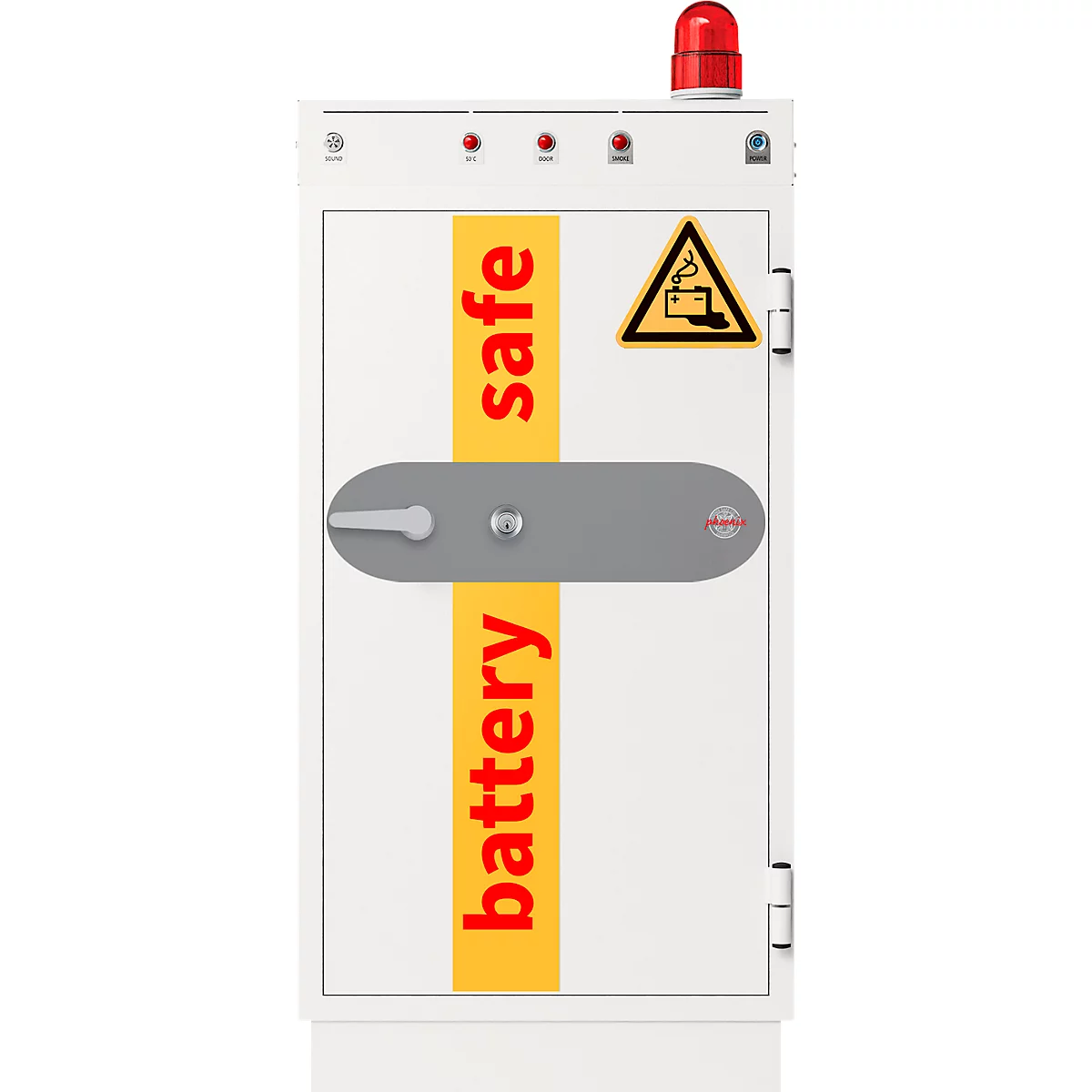 Weißer Batteriesafe mit rotem Warnlicht, Aufschrift 'safe battery' und einem Warnschild. Grauer Griff und roter Knopf.