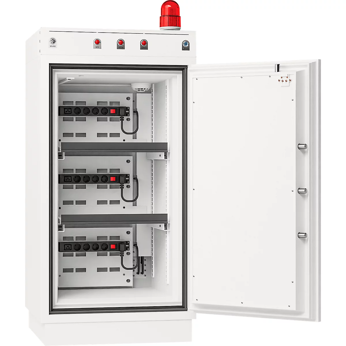Weißer Schaltschrank mit geöffneter Tür. Innenliegend elektronische Komponenten, rot blinkende Lampe auf der Oberseite.