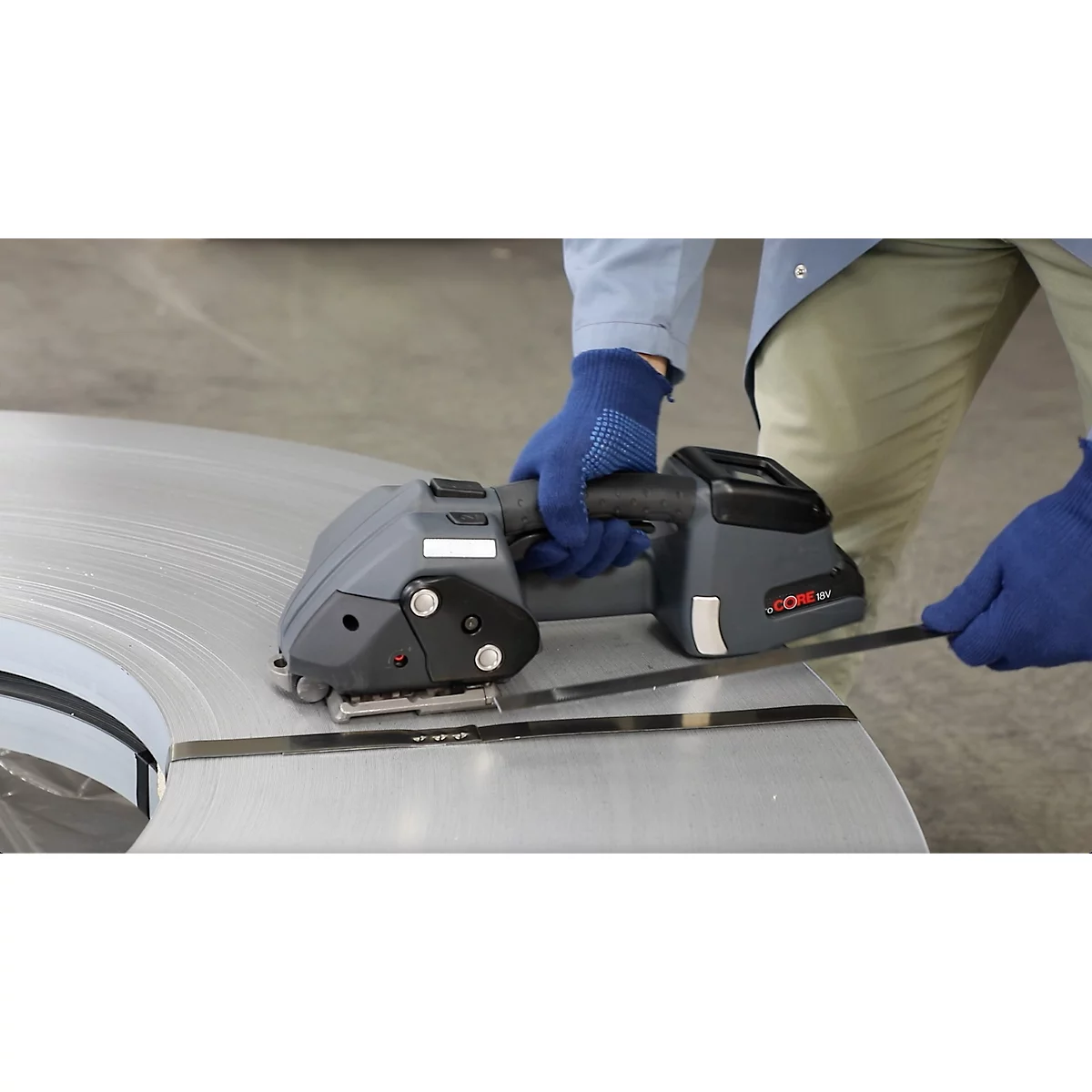 Batterij-omsnoeringsapparaat BW-ST, voor staalband met B 13-19 mm &amp; dikte 0,38-0,63 mm, trekkracht 1000-5500 N, touchscreen, selecteerbare modi, zwart