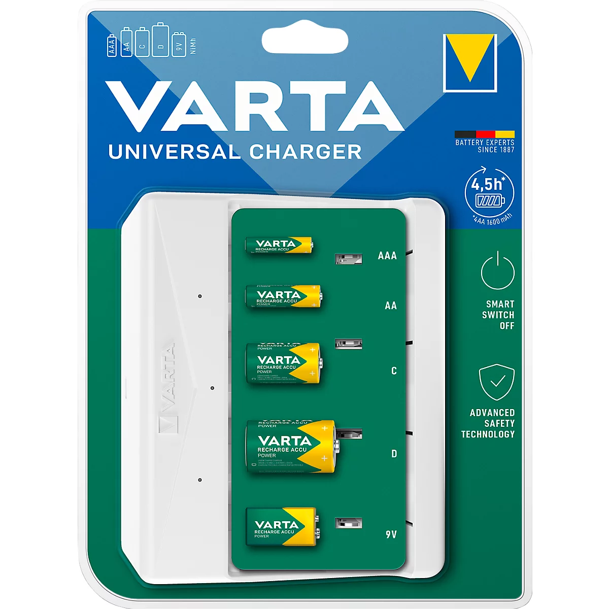Batterijlader voor batterijen, 2x of 4x AA/AAA/C/D &amp; 1x 9V, oplaadtijd 4,5 uur, USB-C (incl. kabel), 100-240 V, B 154 x D 49 x H 129 mm, wit