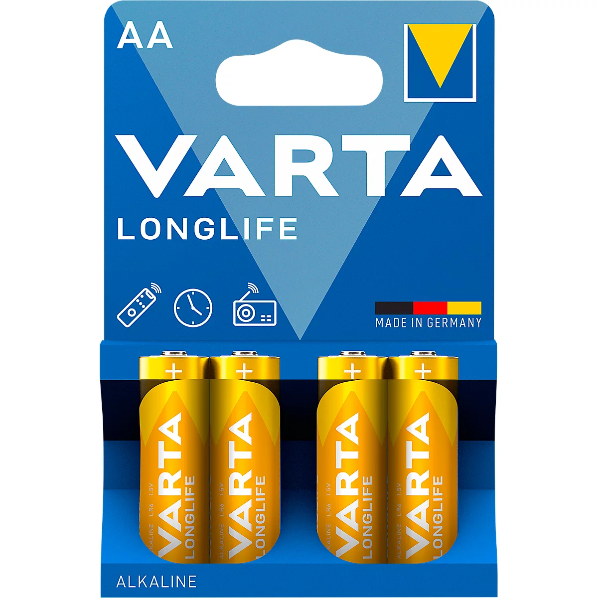 Packaging with four yellow AA batteries of the Varta brand. Inscription: Longlife, Alkaline, Made in Germany.