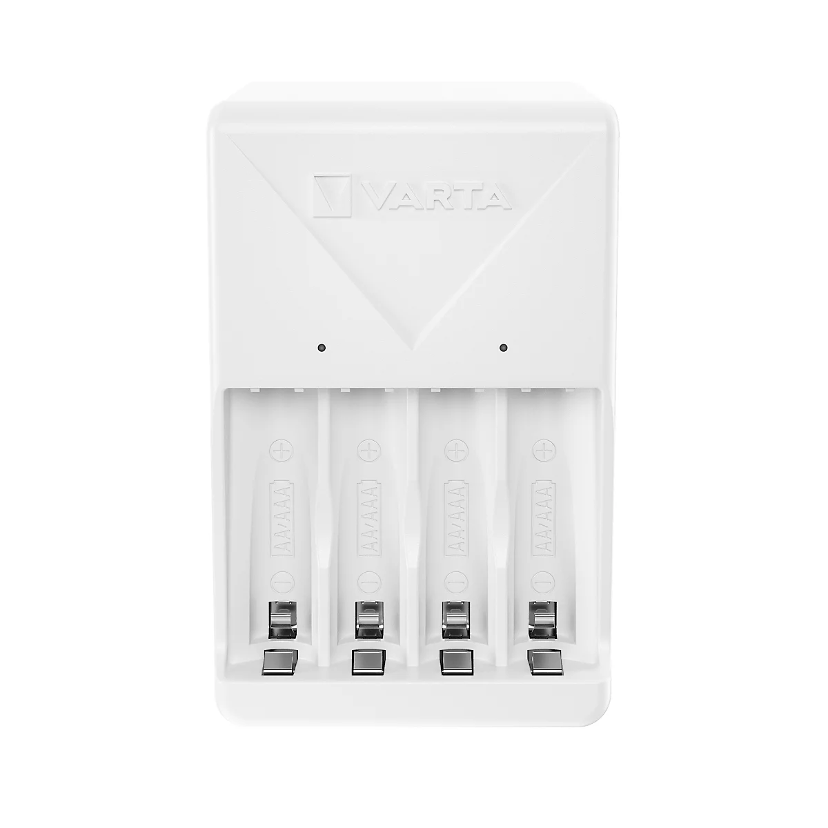 White Varta battery charger. Varta is written on top, below it are 4 slots for batteries.