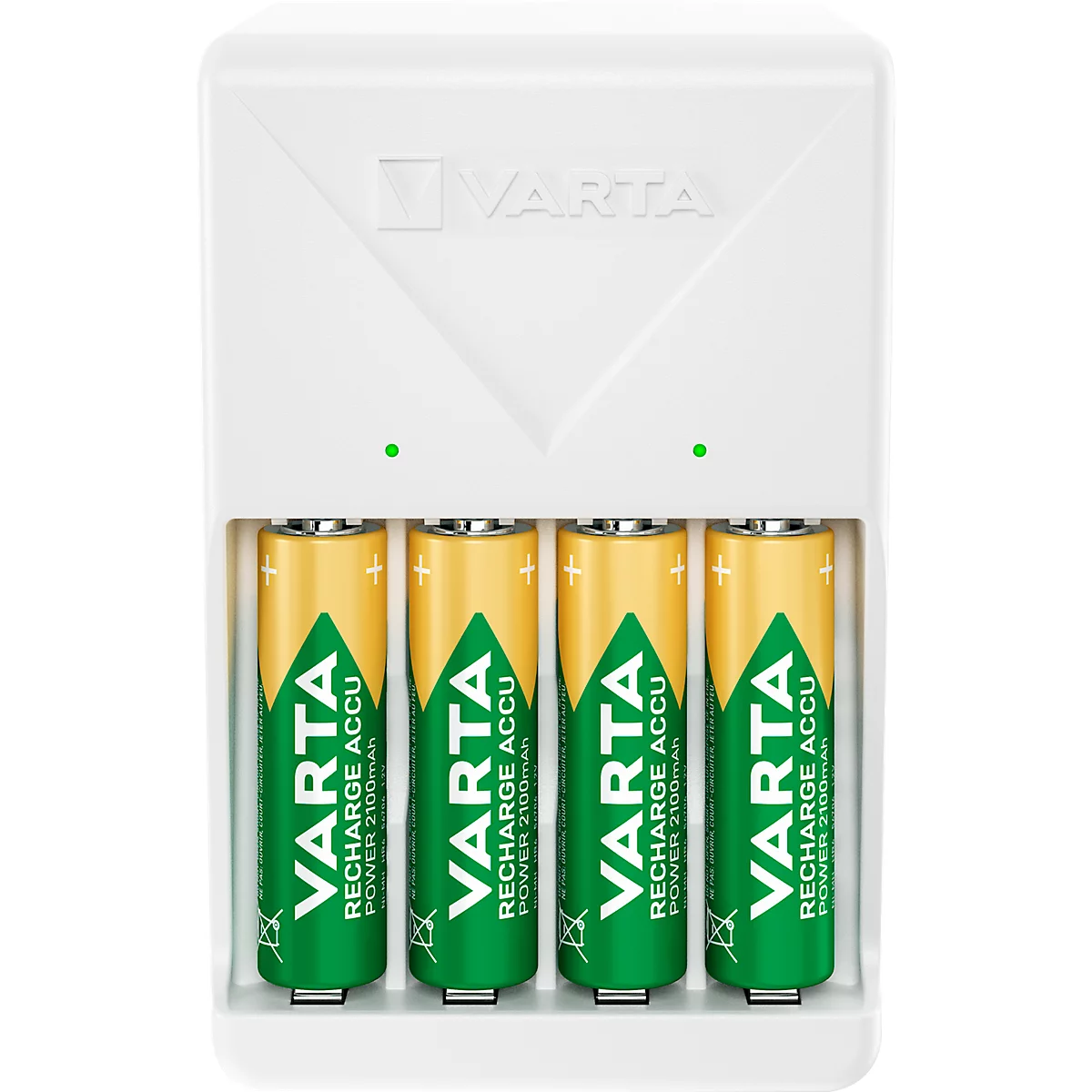 A white battery charger with four inserted AA batteries. The batteries have yellow and green prints with the brand name VARTA.
