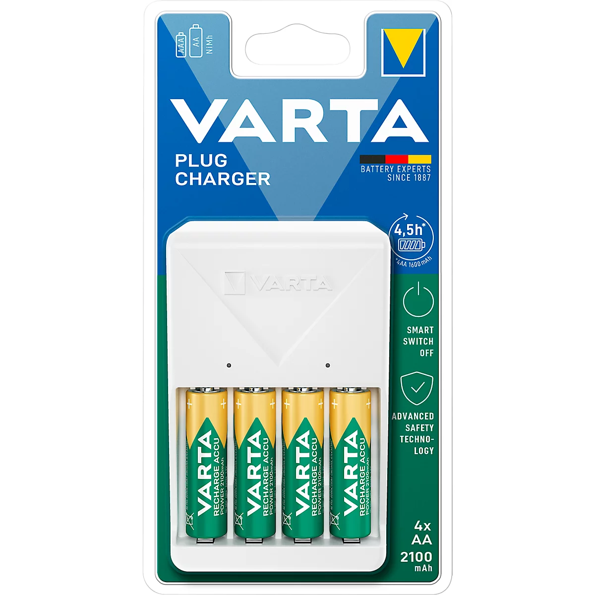 Varta battery charger with four AA batteries, in packaging. The charger is white and the batteries are yellow-green.
