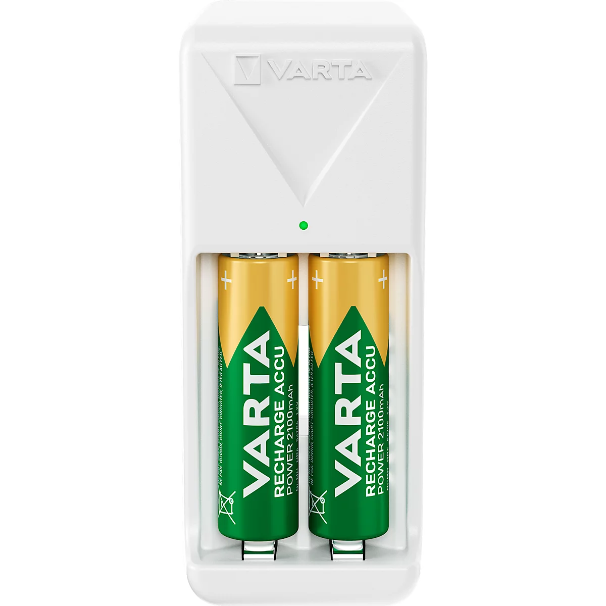Battery charger with two batteries inserted. The charger is white and has the lettering Varta. The batteries are yellow-green.