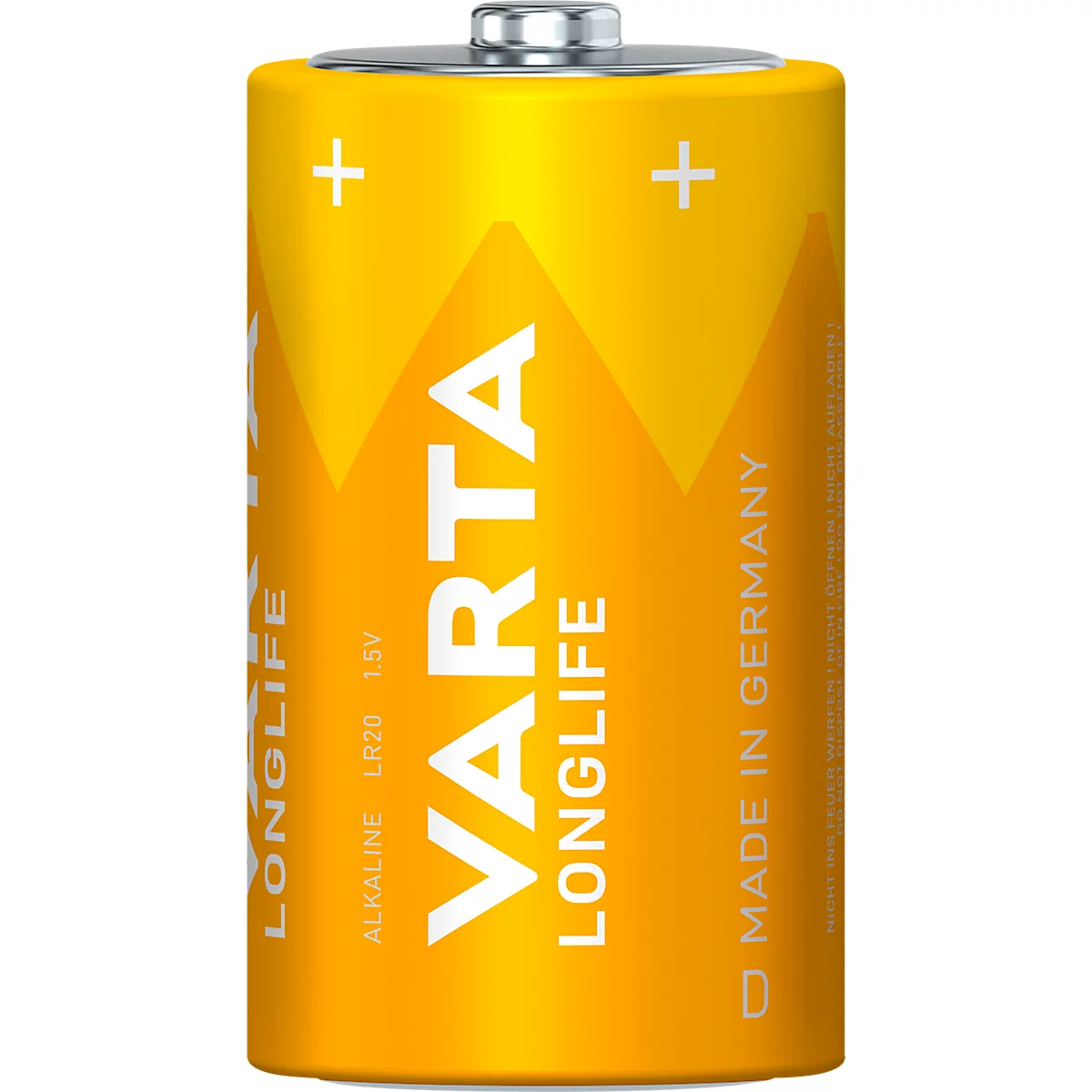 Yellow VARTA Longlife battery with plus signs and lettering. Inscription: Alkaline LR20 1.5V Made in Germany.