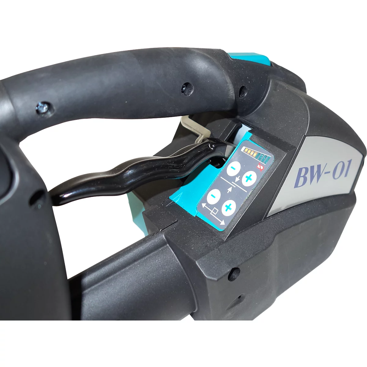 Close-up of a black packaging device with controls and a handle. Labelled BW-01.