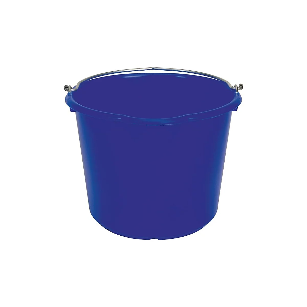 Blauer Eimer mit Metallbügel. Der zylindrische Eimer hat einen Griff zum Tragen.
