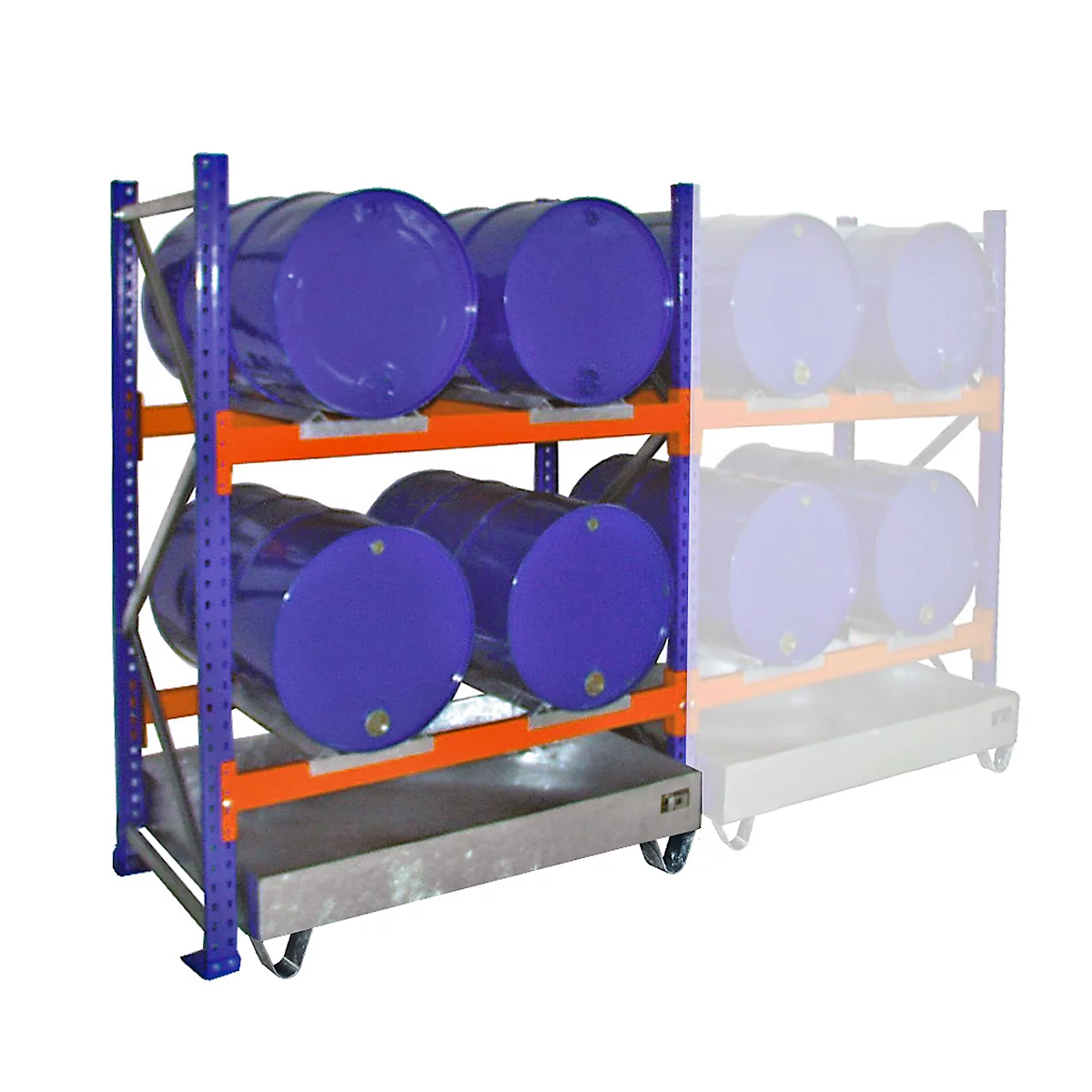A blue drum trolley with several barrels. The barrels are stored on different levels. The trolley is blue, orange and silver.