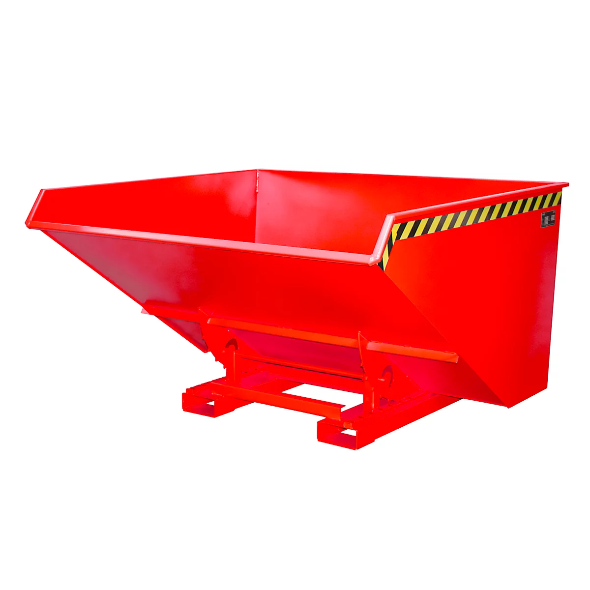 Benne basculante rouge avec bandes d'avertissement. Vue du produit sur fond blanc.