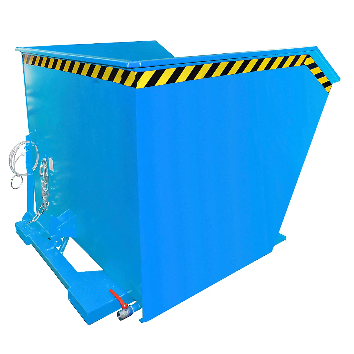Conteneur à déchets bleu avec des bandes d'avertissement jaunes et noires sur le bord supérieur. Un levier rouge est visible en bas à droite.