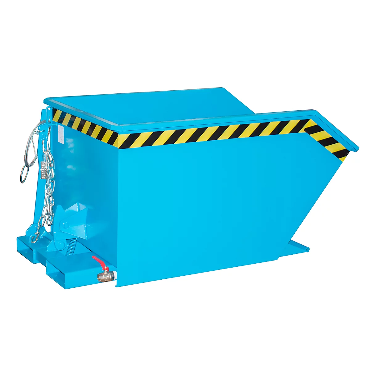 Benne basculante bleu clair avec des bandes d'avertissement jaunes et noires. Chaîne et robinet de vidange visibles.