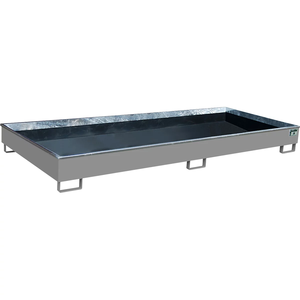 Bac métallique rectangulaire gris, avec bords relevés et pieds.