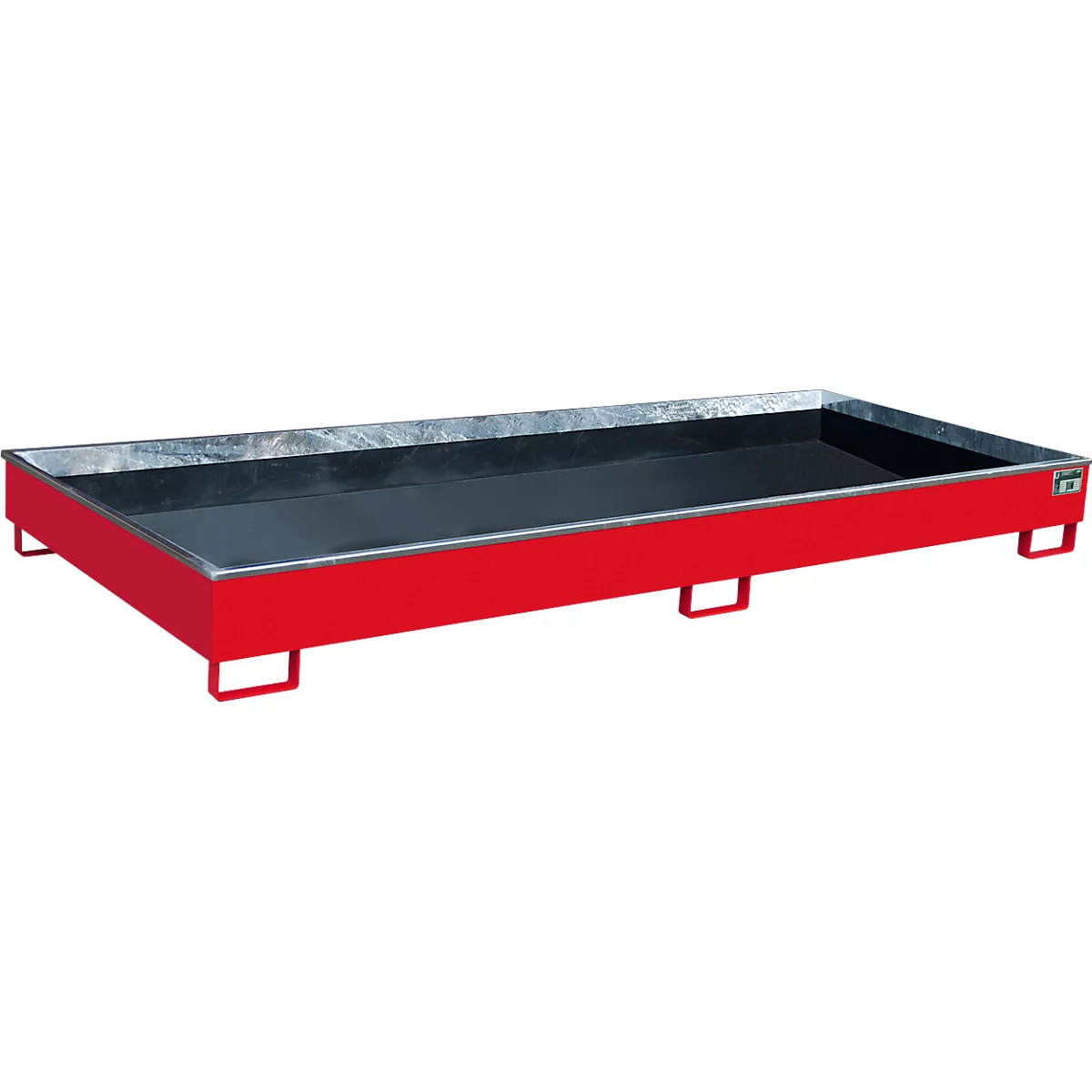 Bac de rétention rectangulaire rouge avec bords métalliques, reposant sur des pieds rouges.